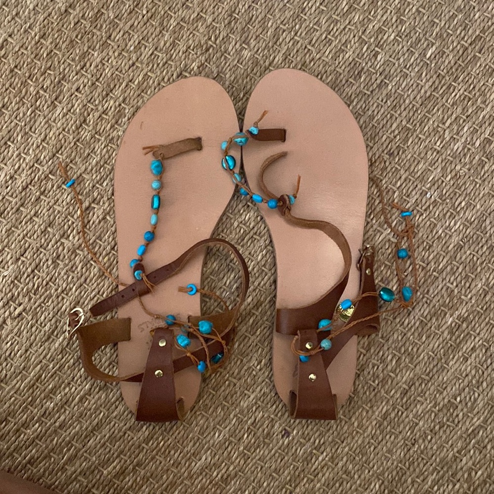 Turquoise and brown Ancient Greek Sandals. Size 41.